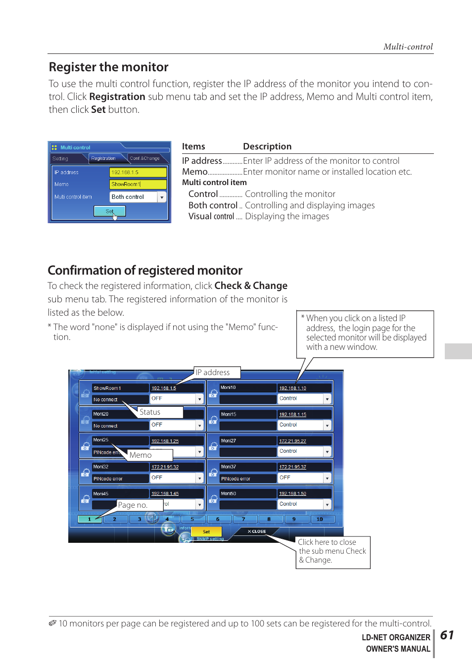 Register the monitor, Confirmation of registered monitor | Sanyo PJ-Net Organizer Plus POA-LN02 User Manual | Page 61 / 116