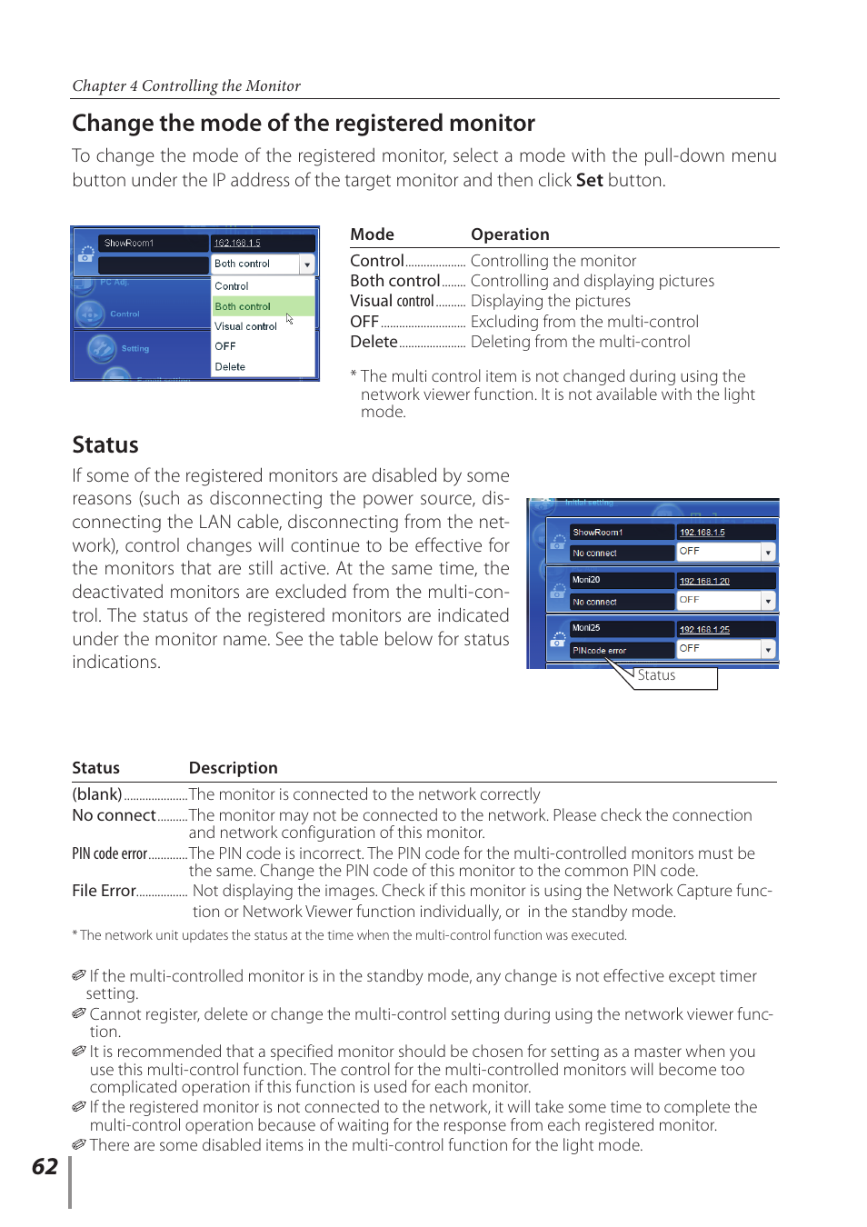 Change the mode of the registered monitor, Status | Sanyo PJ-Net Organizer Plus POA-LN02 User Manual | Page 62 / 116