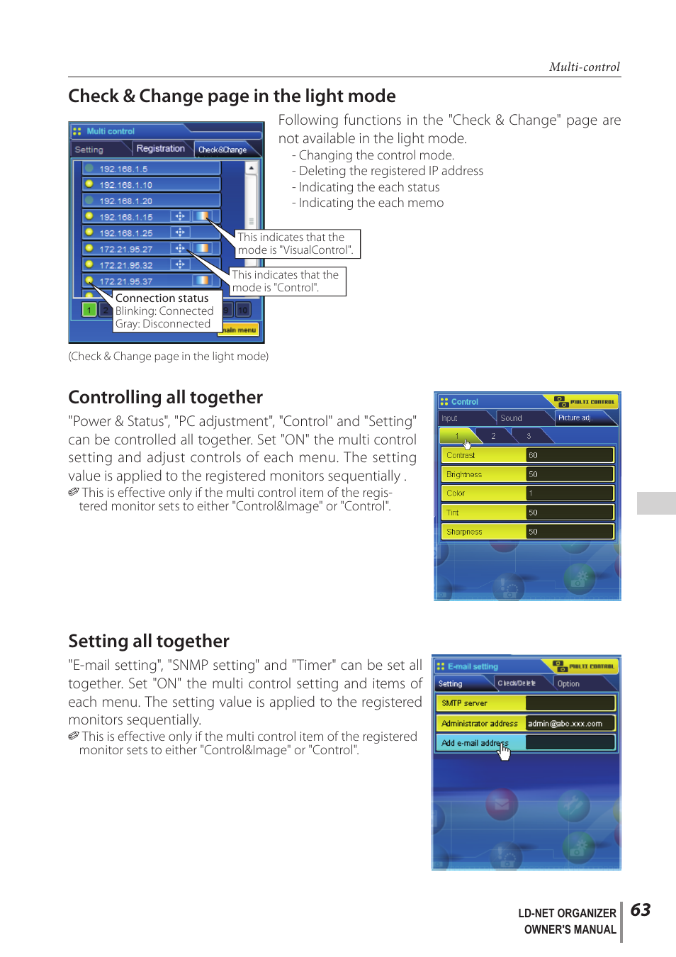 Controlling all together, Setting all together, Check & change page in the light mode | Sanyo PJ-Net Organizer Plus POA-LN02 User Manual | Page 63 / 116