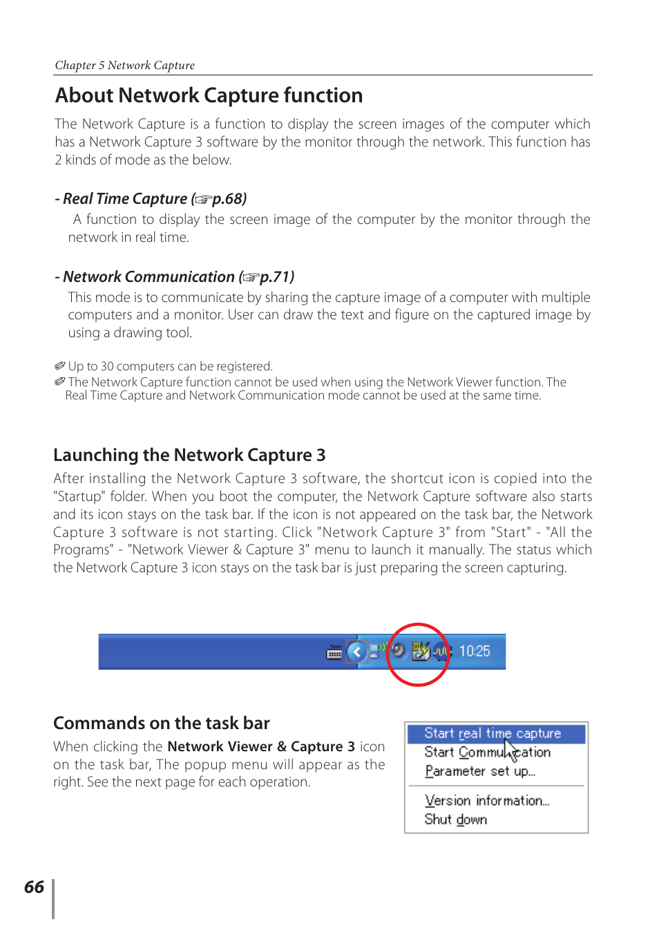 About network capture function, Launching the network capture 3, Commands on the task bar | Sanyo PJ-Net Organizer Plus POA-LN02 User Manual | Page 66 / 116