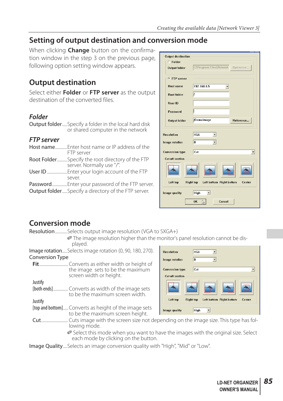 Setting of output destination and conversion mode, Output destination, Conversion mode | Sanyo PJ-Net Organizer Plus POA-LN02 User Manual | Page 85 / 116