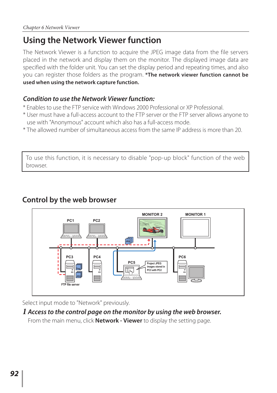 Using the network viewer function, Control by the web browser, Condition to use the network viewer function | Select input mode to "network" previously | Sanyo PJ-Net Organizer Plus POA-LN02 User Manual | Page 92 / 116