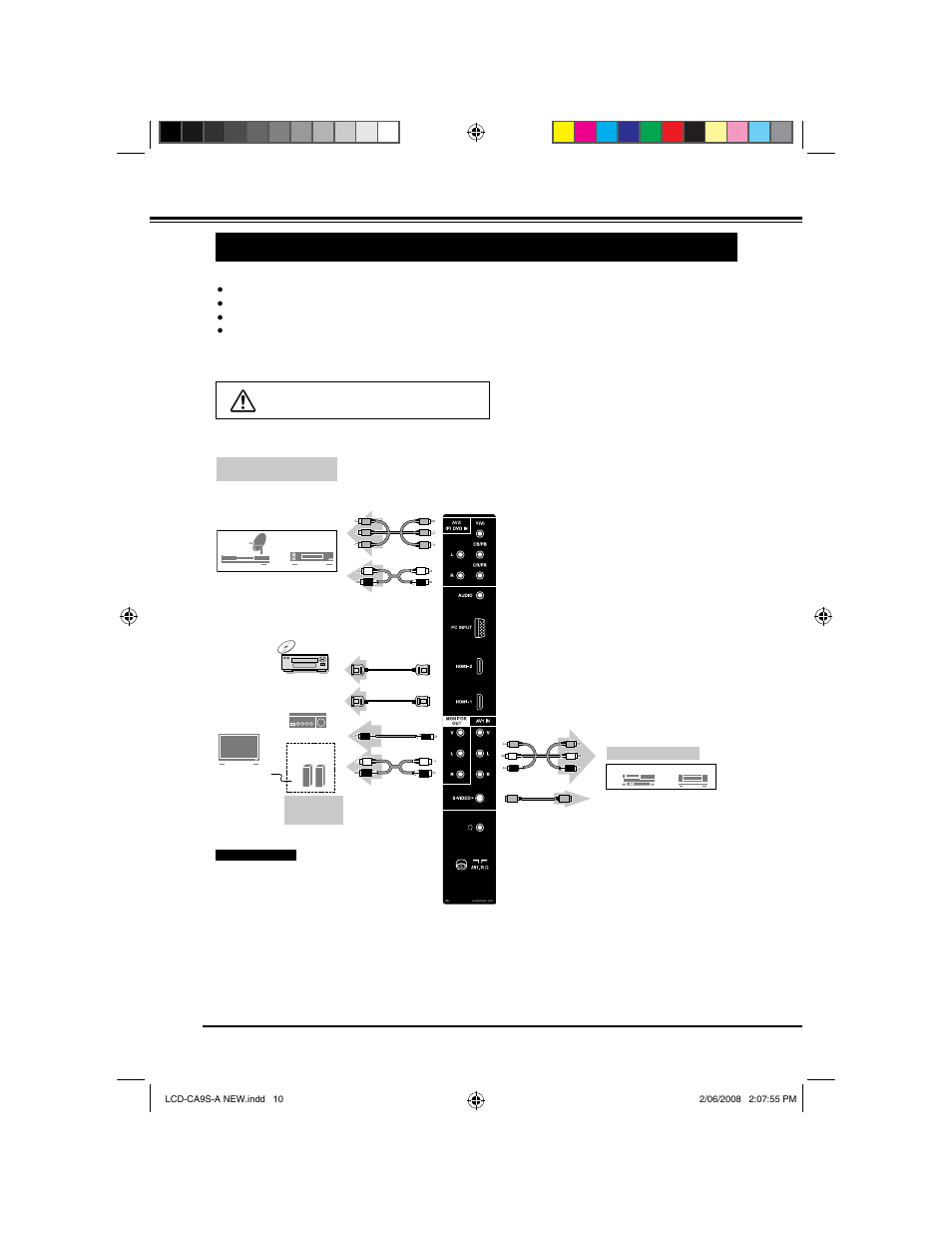 Connecting lcd tv, Connecting video equipment | Sanyo LCD-42CA9S User Manual | Page 10 / 44