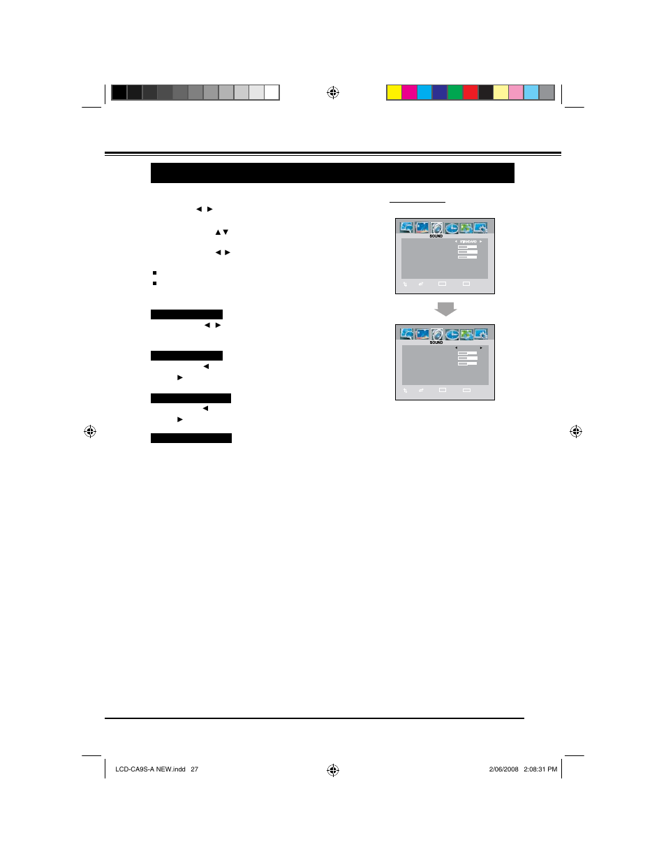 Menu operation (tv/ av mode), Sound | Sanyo LCD-42CA9S User Manual | Page 27 / 44