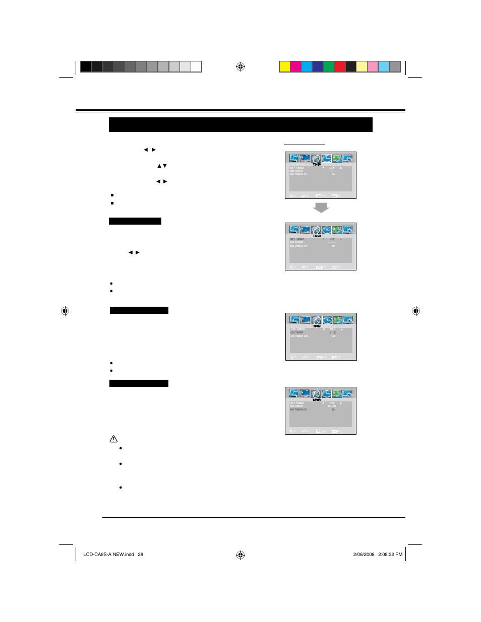 Menu operation (tv/ av mode), Timer, On timer | On timer ch | Sanyo LCD-42CA9S User Manual | Page 28 / 44