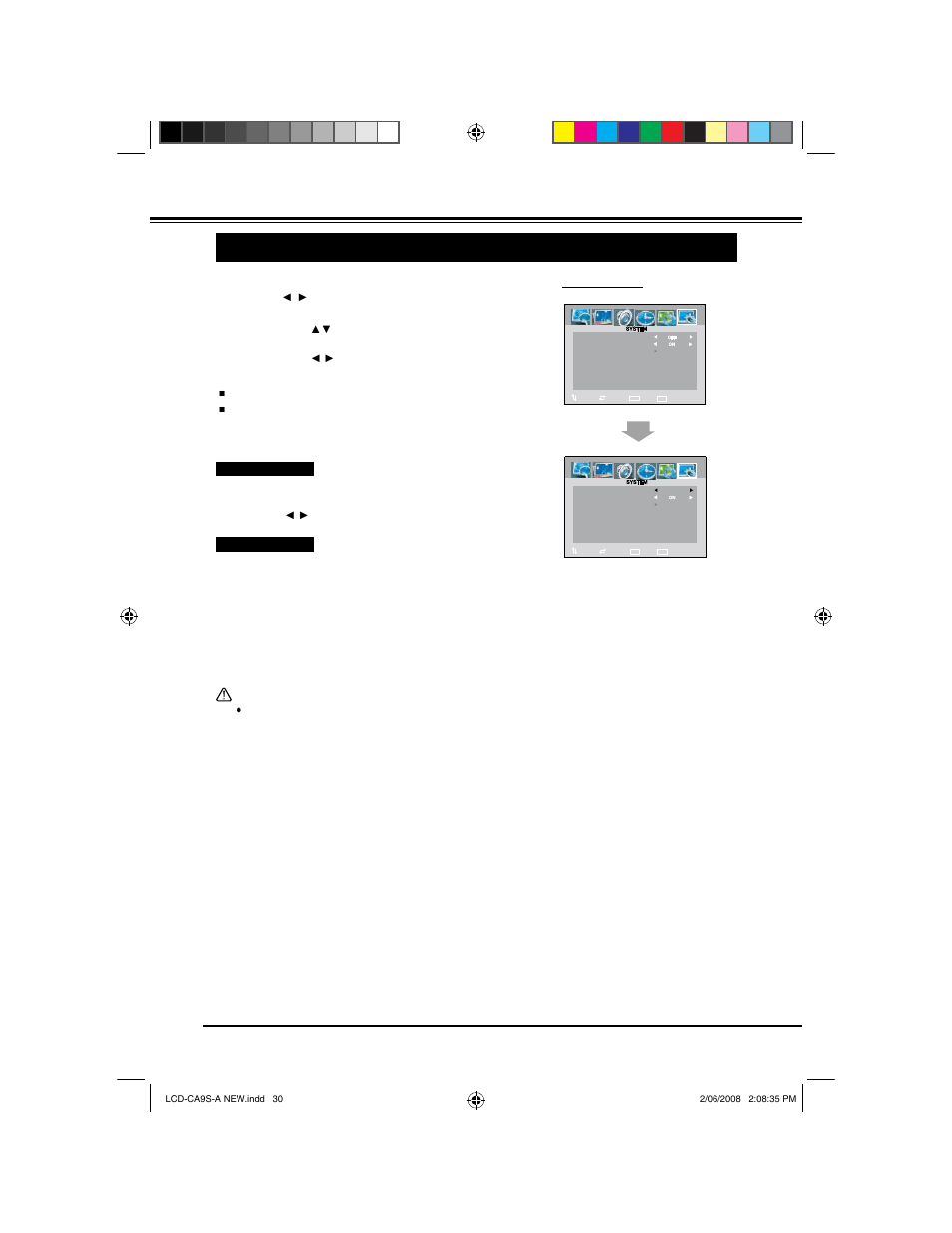 Menu operation (tv/ av mode), System | Sanyo LCD-42CA9S User Manual | Page 30 / 44