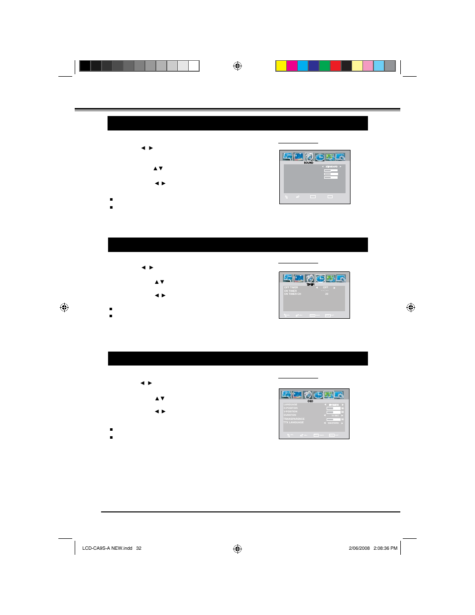 Menu operation (pc/hdmi mode), Sound, Timer | Sanyo LCD-42CA9S User Manual | Page 32 / 44