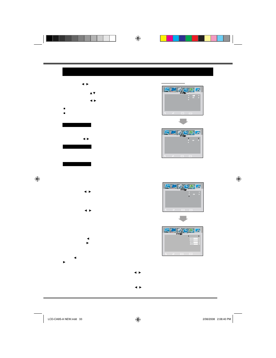 Menu operation (pc/hdmi mode), System | Sanyo LCD-42CA9S User Manual | Page 33 / 44