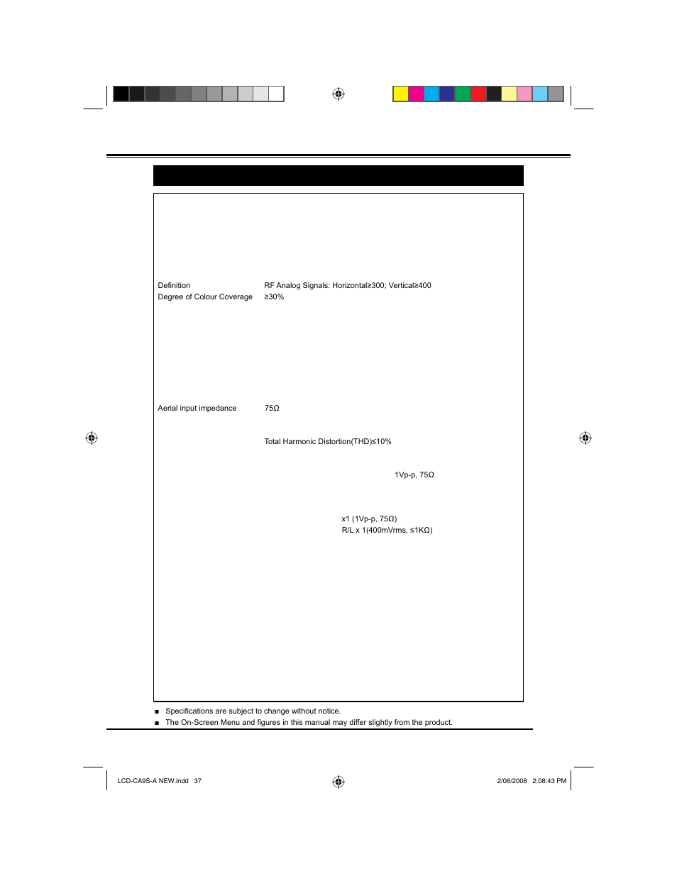 Appendix, Technical specifications | Sanyo LCD-42CA9S User Manual | Page 37 / 44