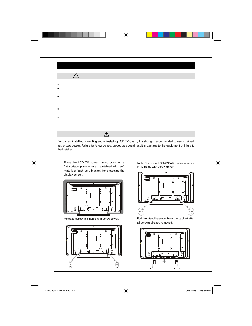 Appendix, Uninstalling stand base | Sanyo LCD-42CA9S User Manual | Page 40 / 44