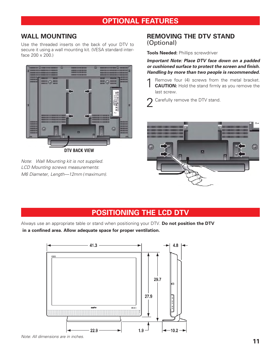 Optional features, Wall mounting, Removing dtv stand | Positing the lcd, Positioning the lcd dtv | Sanyo DP42647 User Manual | Page 11 / 48