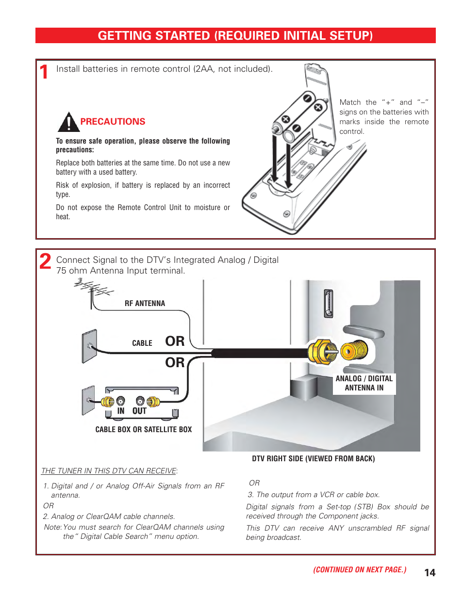 Getting started, Battery installation, Antenna connection | Getting started (required initial setup) | Sanyo DP42647 User Manual | Page 14 / 48