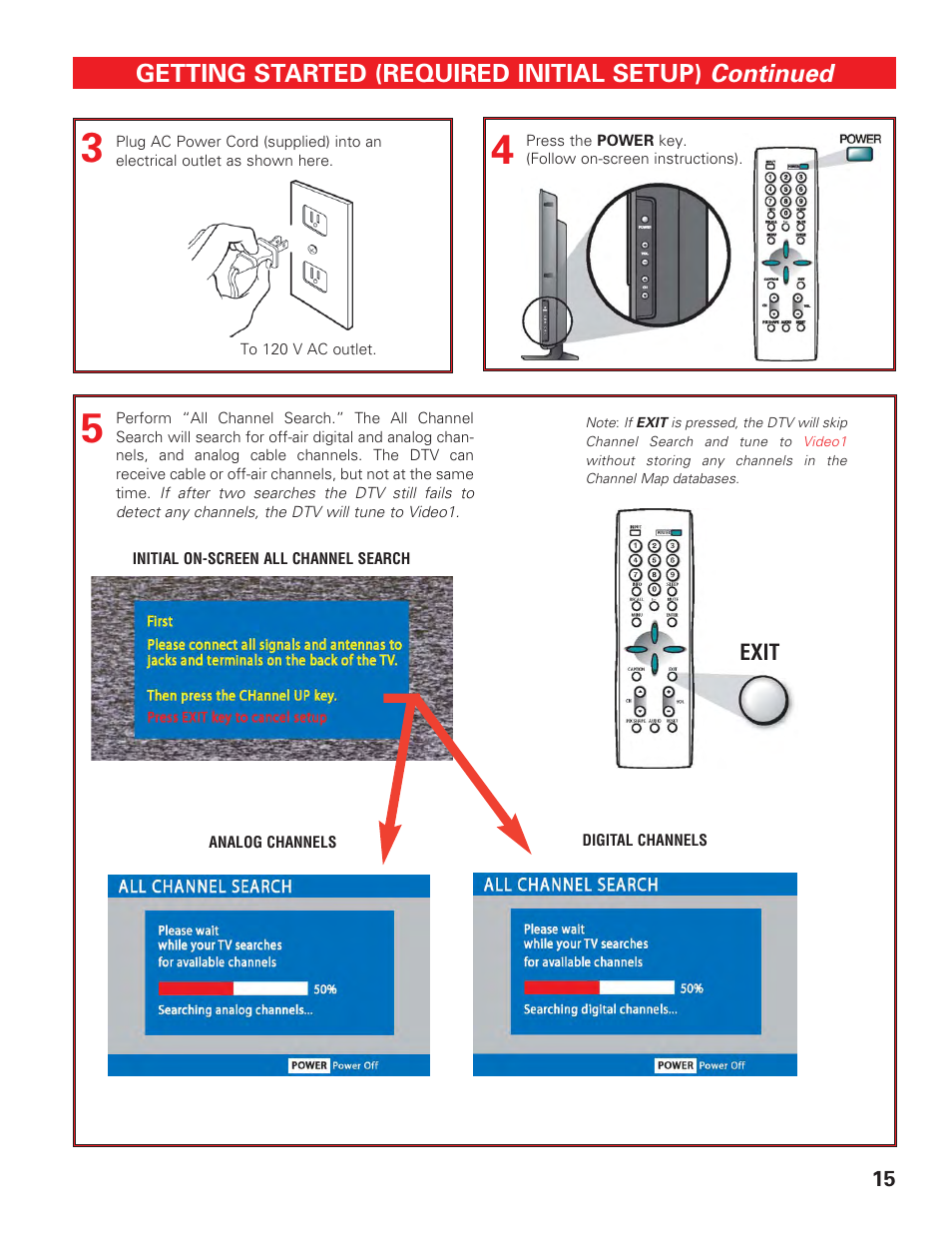 Connecting the power, Initial setup screen, Continued | Getting started (required initial setup) | Sanyo DP42647 User Manual | Page 15 / 48