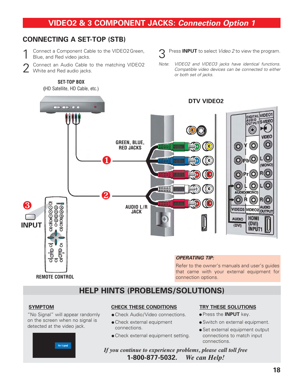 Video 2/3 (set-top box connection), Connection option 1, Video2 & 3 component jacks | Help hints (problems/solutions) | Sanyo DP42647 User Manual | Page 18 / 48