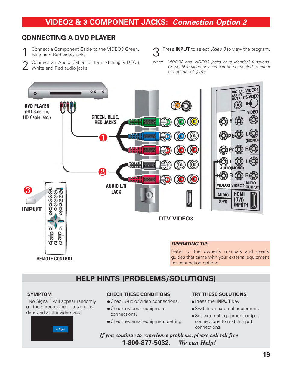 Video 2/3 (dvd player connection), Connection option 2, Video2 & 3 component jacks | Help hints (problems/solutions) | Sanyo DP42647 User Manual | Page 19 / 48