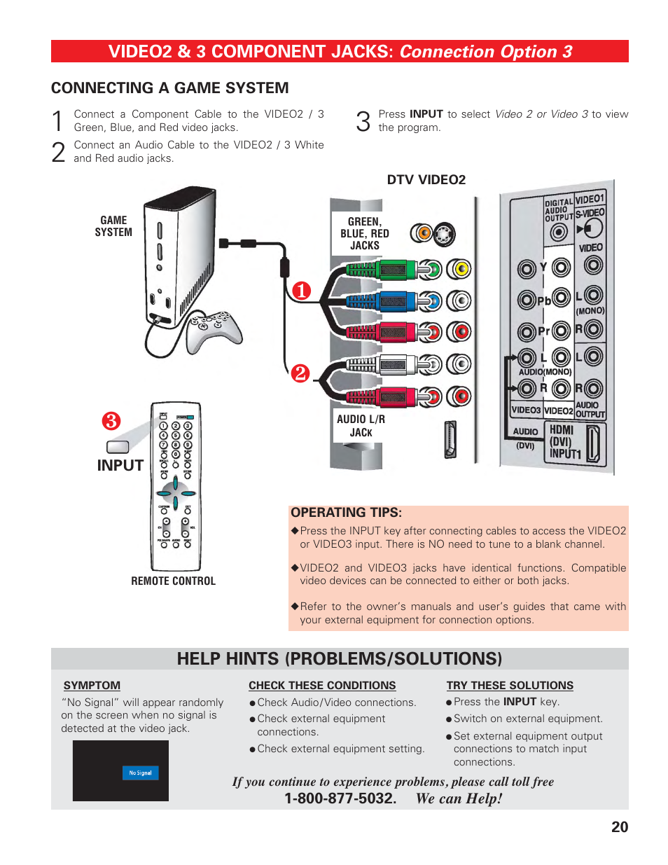 Video 2/3 (game system), Connection option 3, Video2 & 3 component jacks | Help hints (problems/solutions) | Sanyo DP42647 User Manual | Page 20 / 48