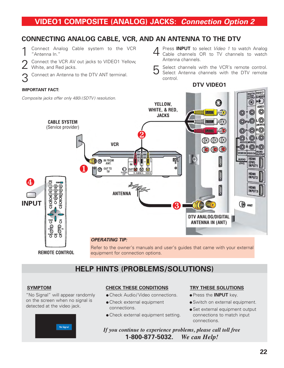 Video 1 (cable system, vcr, antenna connection), Connection option 2, Video1 composite (analog) jacks | Help hints (problems/solutions) | Sanyo DP42647 User Manual | Page 22 / 48