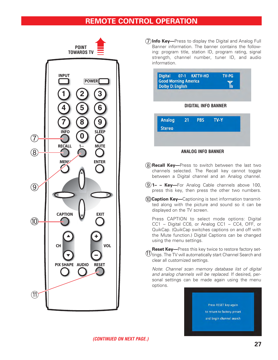 Remote control keys (2) | Sanyo DP42647 User Manual | Page 27 / 48