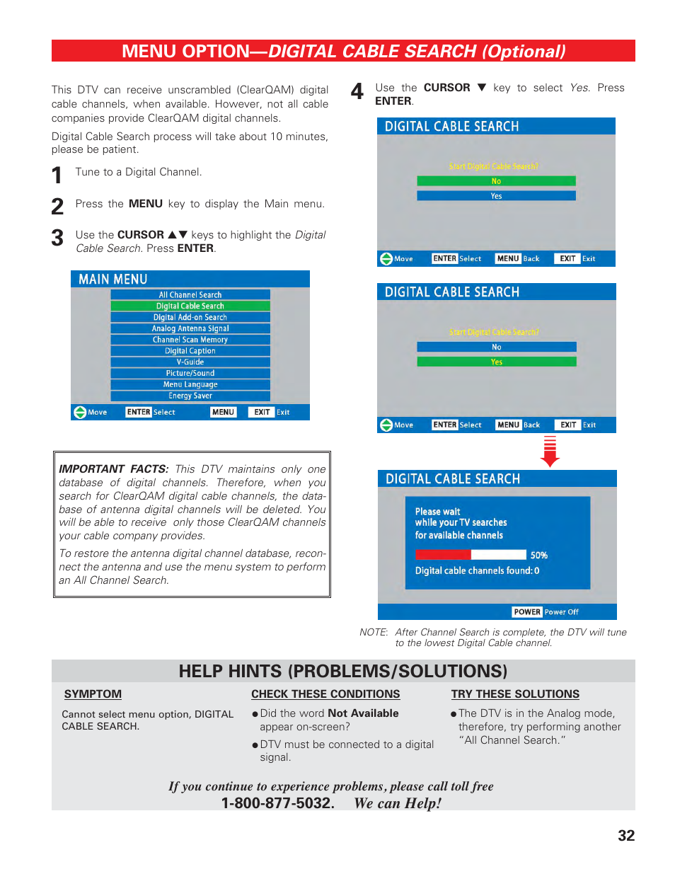 Digital cable search, Digital cable search (optional), Menu option | Help hints (problems/solutions) | Sanyo DP42647 User Manual | Page 32 / 48