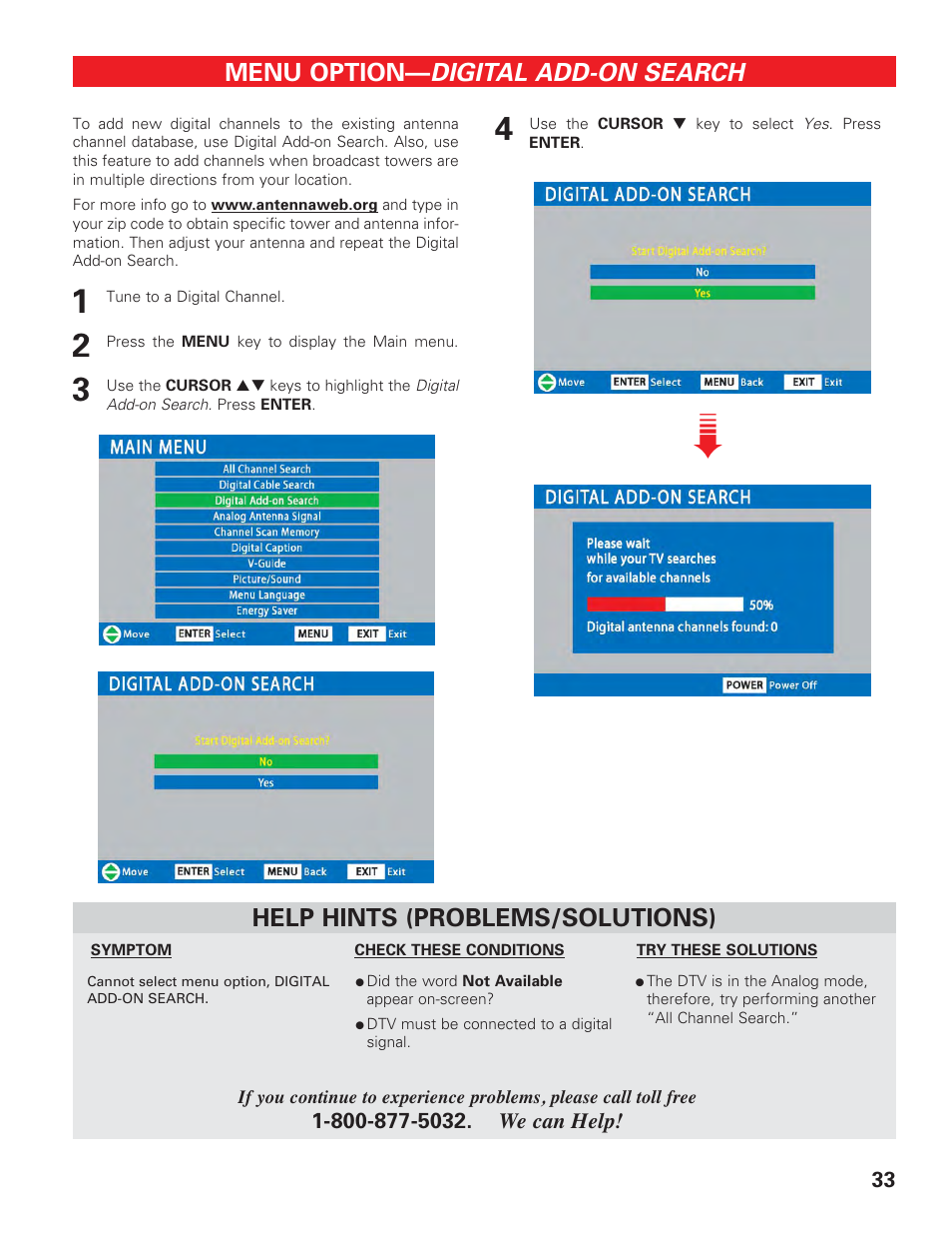 Digital add-on search, Menu option, Help hints (problems/solutions) | Sanyo DP42647 User Manual | Page 33 / 48