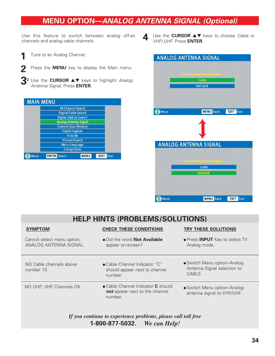 Analog antenna signal, Analog antenna signal (optional), Menu option | Help hints (problems/solutions) | Sanyo DP42647 User Manual | Page 34 / 48