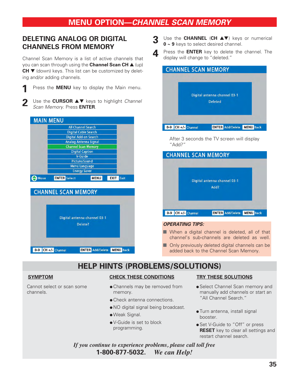 Channel scan memory (deleting), Menu option, Help hints (problems/solutions) | Sanyo DP42647 User Manual | Page 35 / 48
