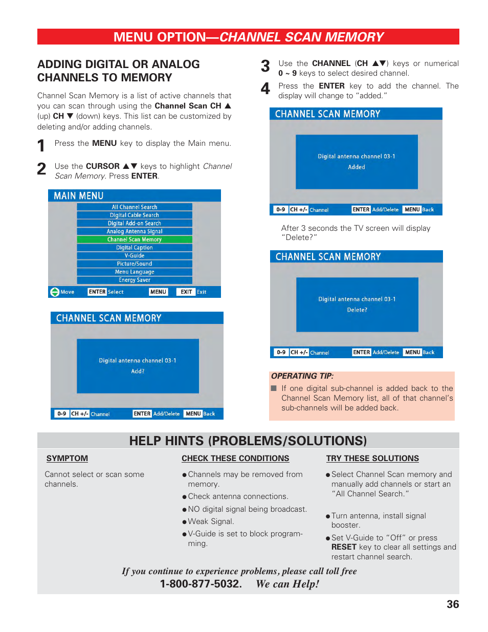 Channel scan memory (adding), Menu option, Help hints (problems/solutions) | Sanyo DP42647 User Manual | Page 36 / 48