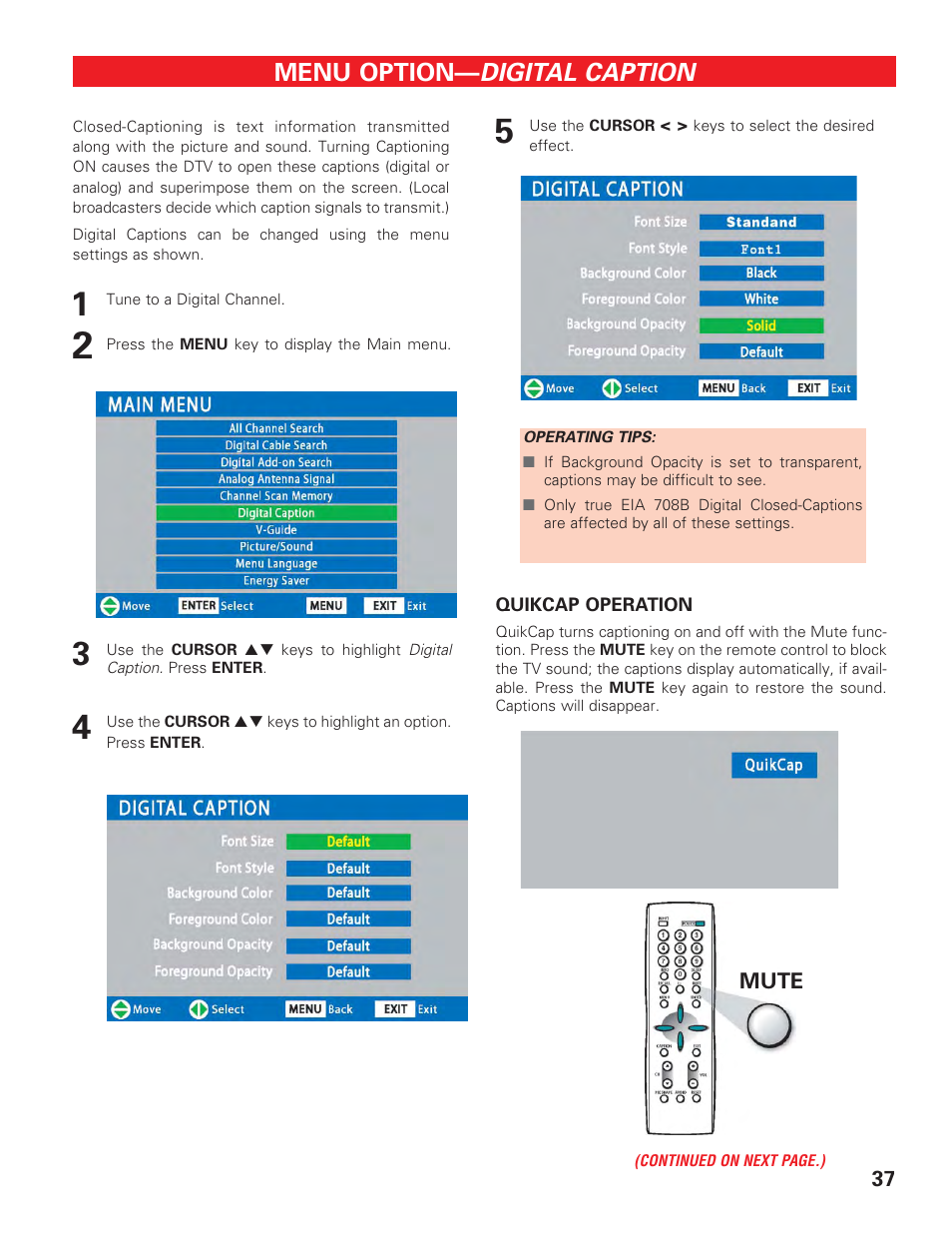 Digital caption, Menu option | Sanyo DP42647 User Manual | Page 37 / 48