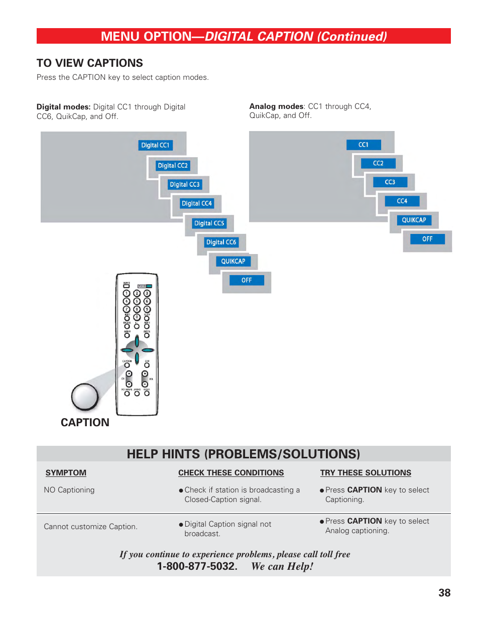 View captions, Digital caption (continued), Menu option | Help hints (problems/solutions), Caption | Sanyo DP42647 User Manual | Page 38 / 48