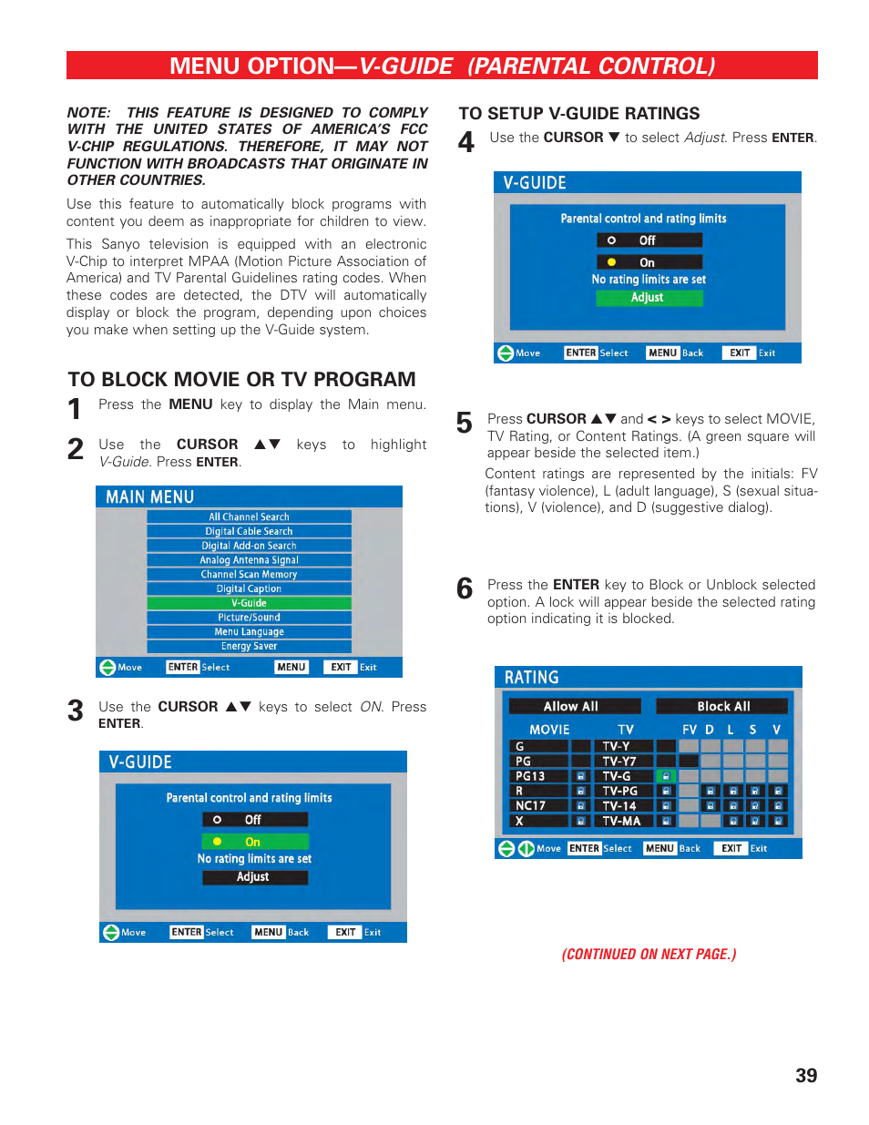 V-guide (parental control), How to block movie or tv programs, How to setup v-guide ratings | Menu option | Sanyo DP42647 User Manual | Page 39 / 48