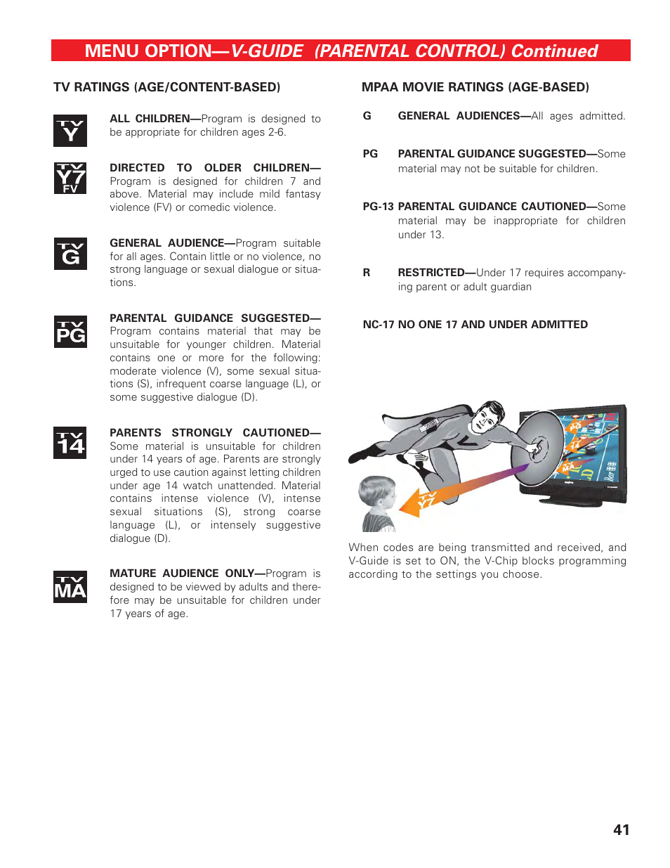 Tv ratings (icon) info & movie ratings, V-guide (parental control) continued, Menu option | Sanyo DP42647 User Manual | Page 41 / 48