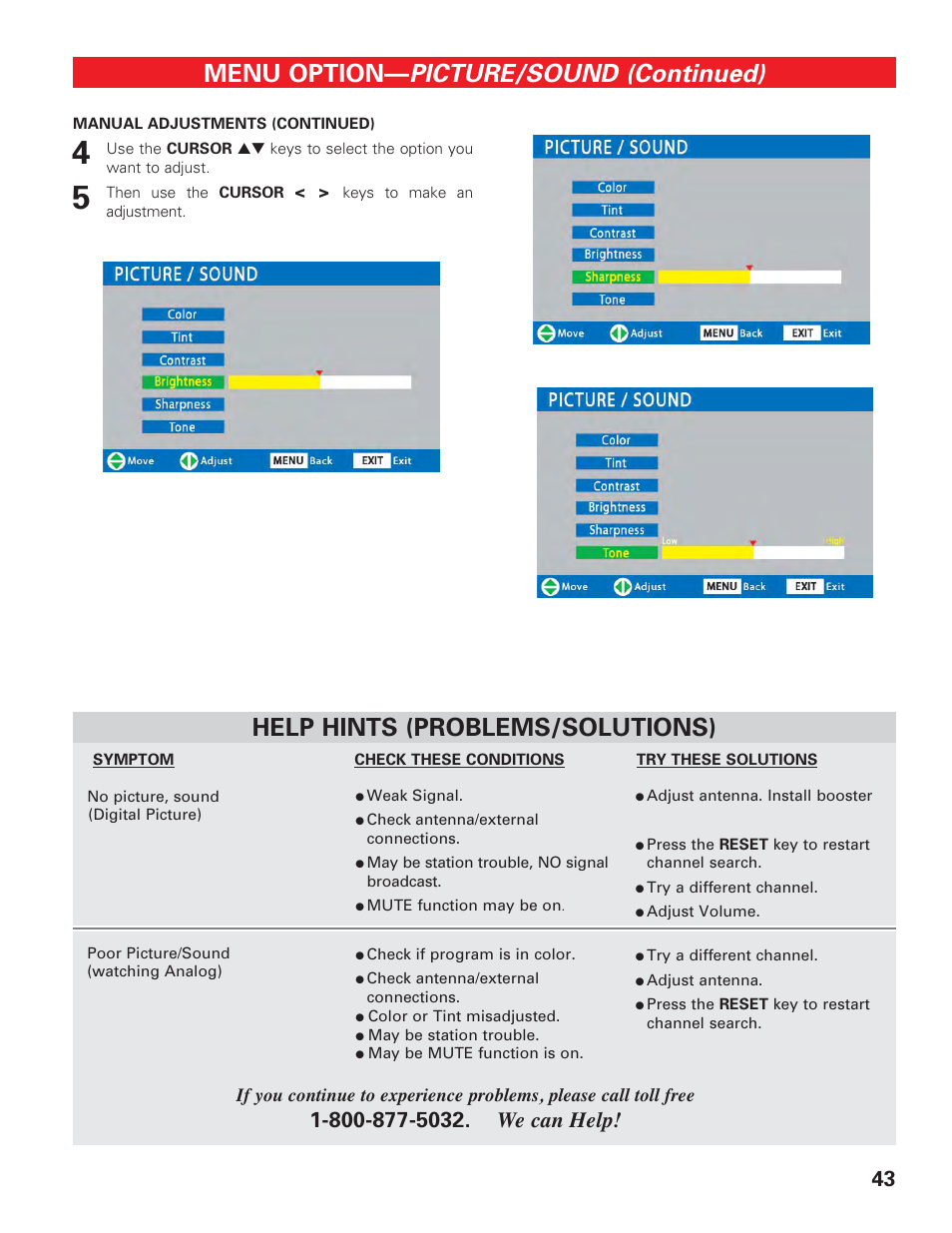 Picture / sound (2), Picture/sound (continued), Menu option | Help hints (problems/solutions) | Sanyo DP42647 User Manual | Page 43 / 48