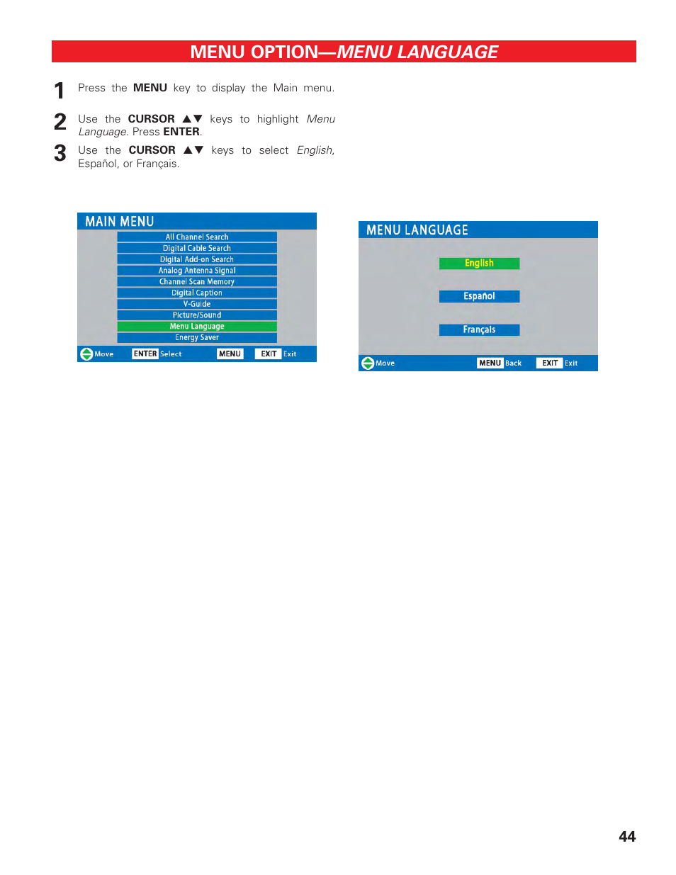 Menu language | Sanyo DP42647 User Manual | Page 44 / 48