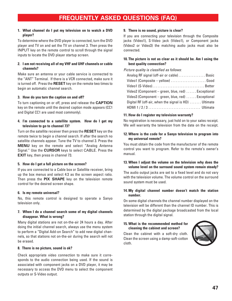 Frequently asked questions (faq) | Sanyo DP42647 User Manual | Page 47 / 48