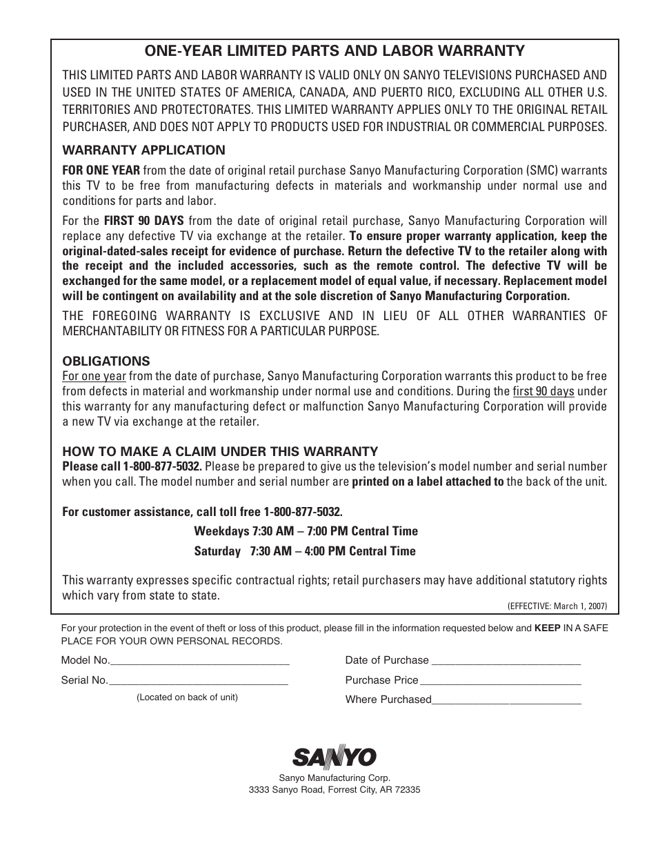 Warranty, One-year limited parts and labor warranty | Sanyo DP42647 User Manual | Page 48 / 48