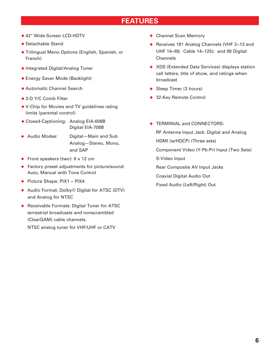 General information, Features | Sanyo DP42647 User Manual | Page 6 / 48