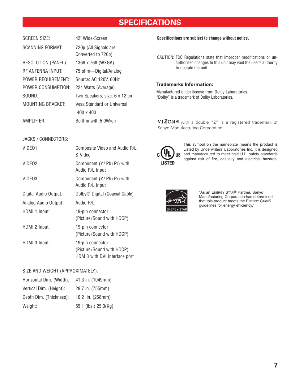 Specifications | Sanyo DP42647 User Manual | Page 7 / 48