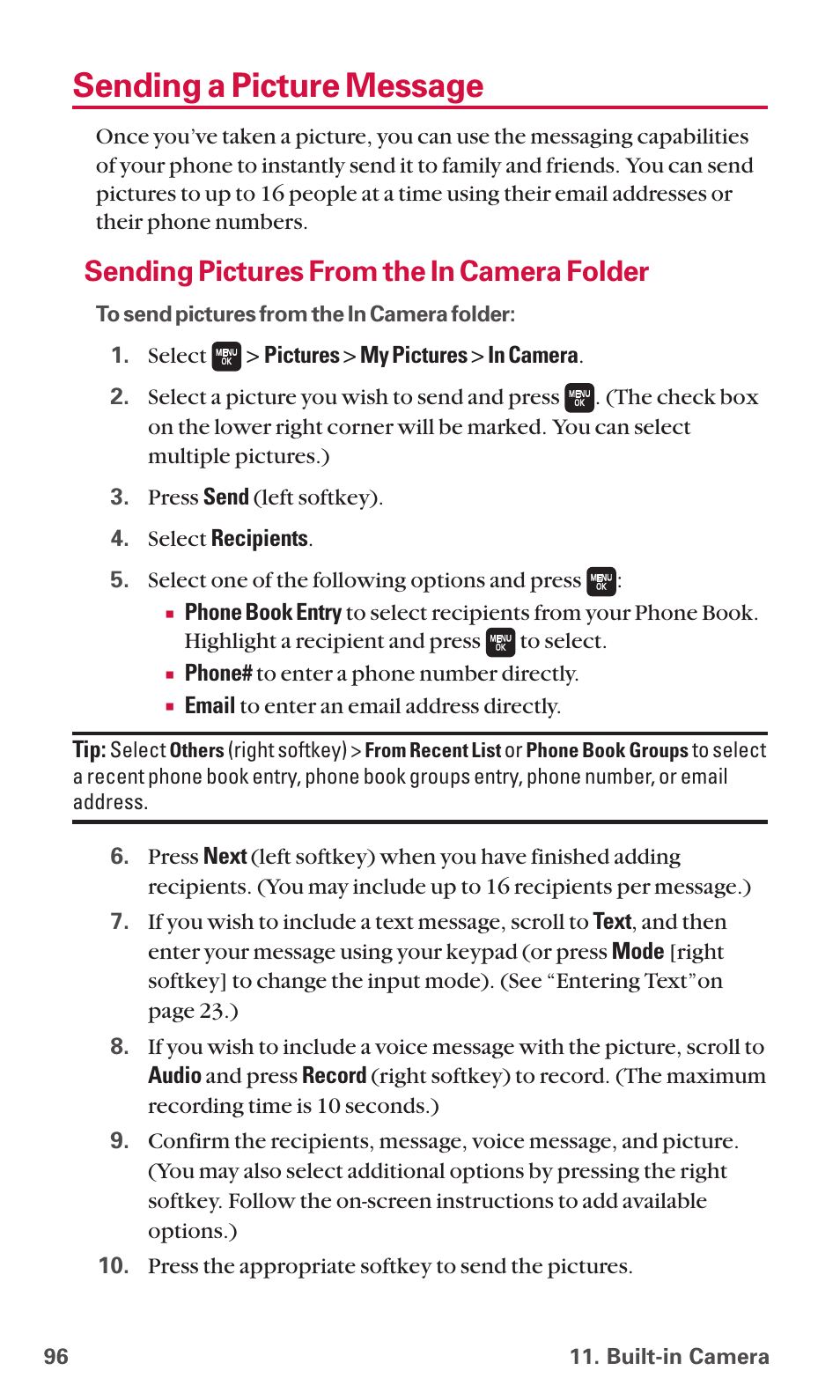 Sending a picture message, Sending pictures from the in camera folder | Sanyo SCP-6600 User Manual | Page 102 / 133
