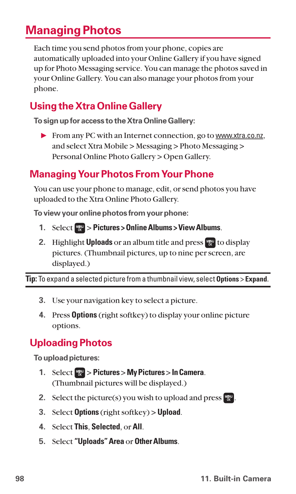 Managing photos, Using the xtra online gallery, Managing your photos from your phone | Uploading photos | Sanyo SCP-6600 User Manual | Page 104 / 133