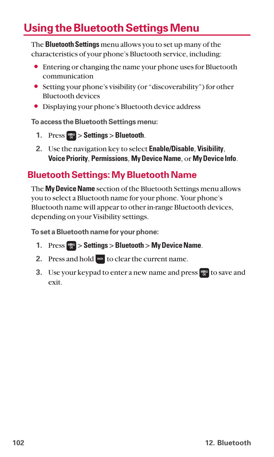 Using the bluetooth settings menu, Bluetooth settings: my bluetooth name | Sanyo SCP-6600 User Manual | Page 108 / 133