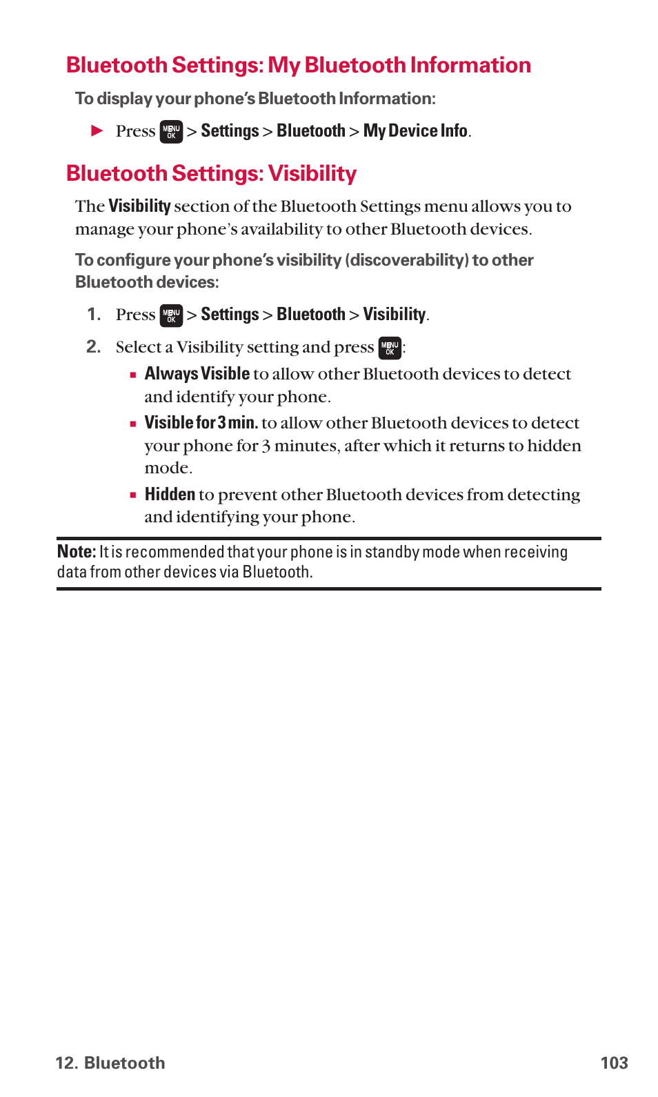 Bluetooth settings: my bluetooth information, Bluetooth settings: visibility | Sanyo SCP-6600 User Manual | Page 109 / 133