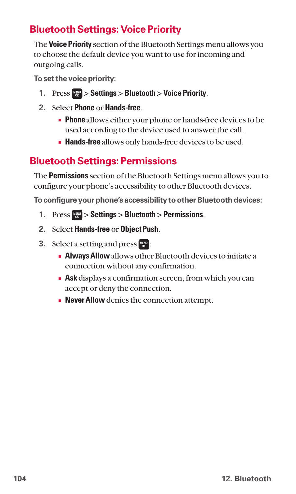 Bluetooth settings: voice priority, Bluetooth settings: permissions | Sanyo SCP-6600 User Manual | Page 110 / 133