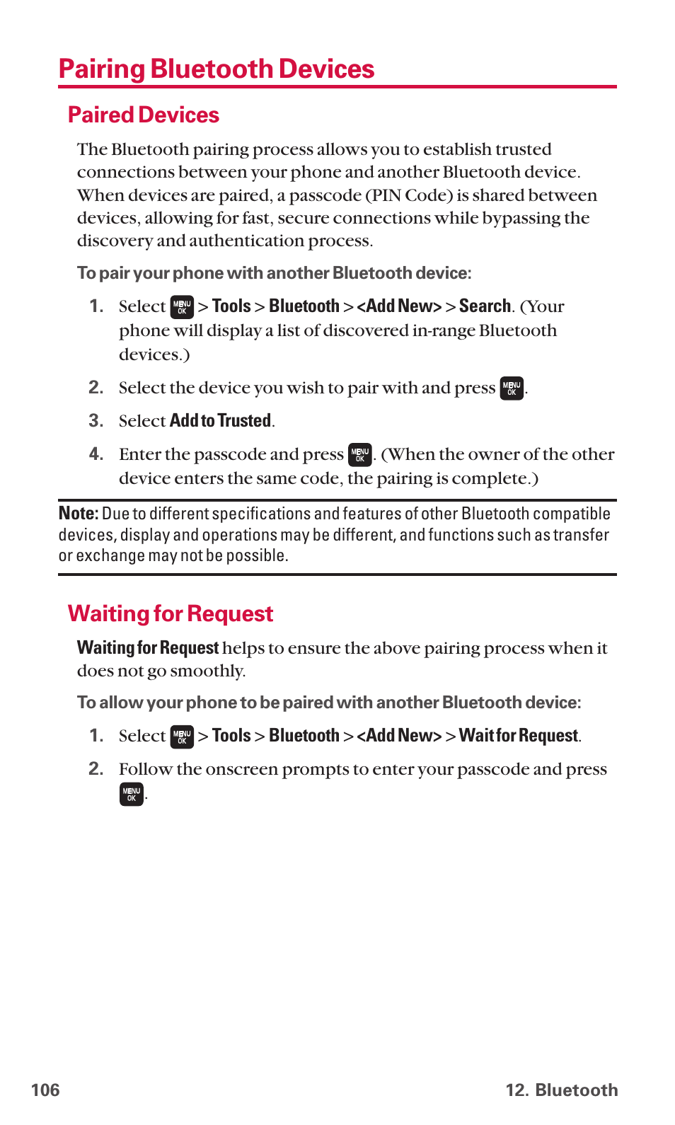 Pairing bluetooth devices, Paired devices, Waiting for request | Sanyo SCP-6600 User Manual | Page 112 / 133