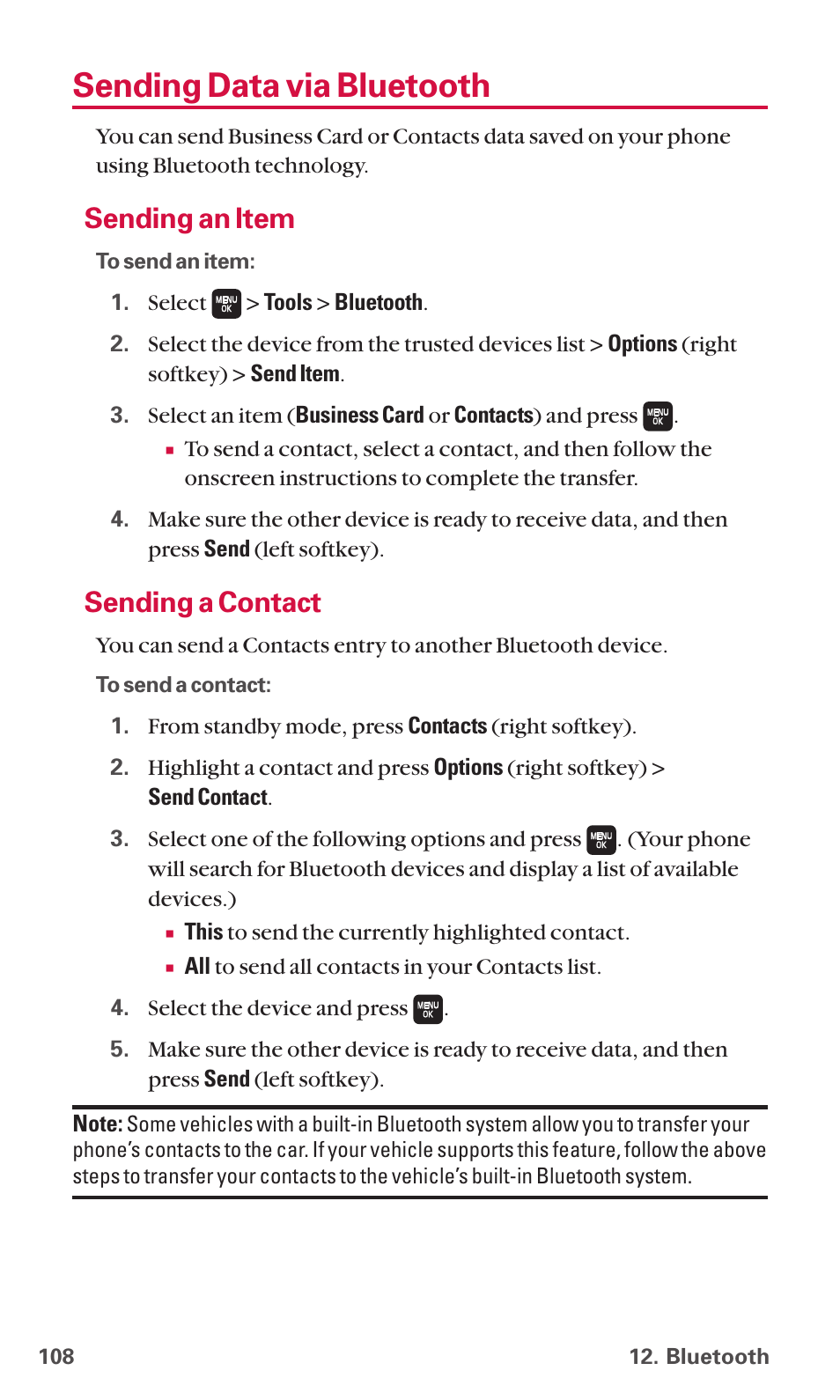 Sending data via bluetooth, Sending an item, Sending a contact | Sanyo SCP-6600 User Manual | Page 114 / 133