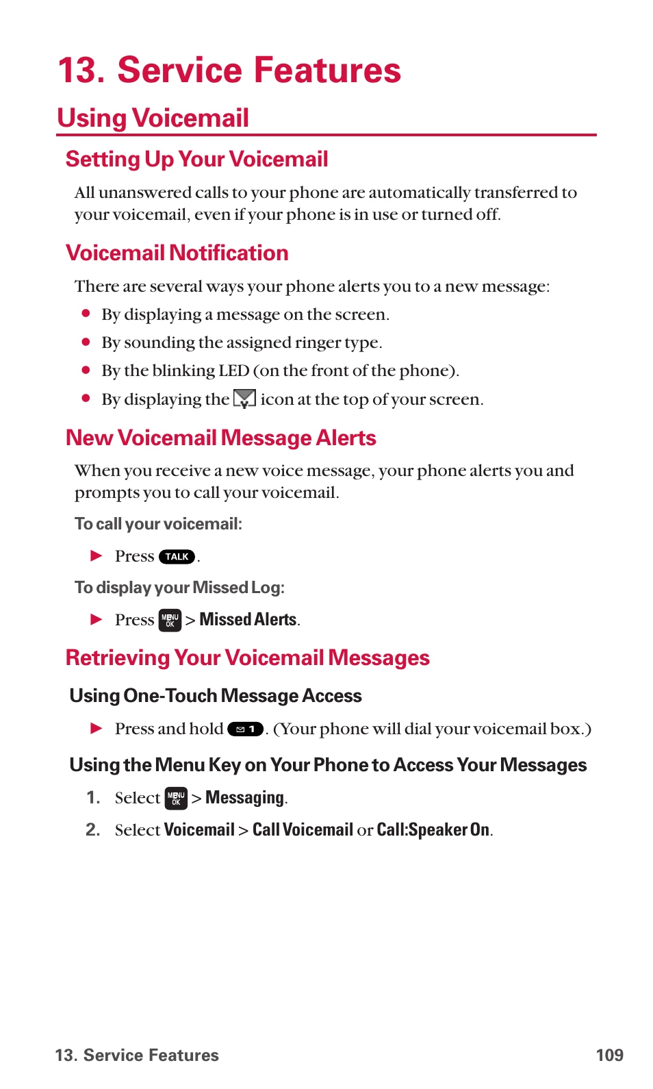 Service features, Using voicemail, Setting up your voicemail | Voicemail notification, New voicemail message alerts, Retrieving your voicemail messages | Sanyo SCP-6600 User Manual | Page 115 / 133