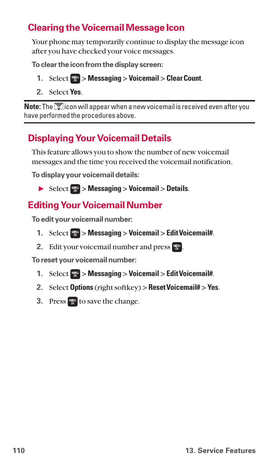 Clearing the voicemail message icon, Displaying your voicemail details, Editing your voicemail number | Sanyo SCP-6600 User Manual | Page 116 / 133