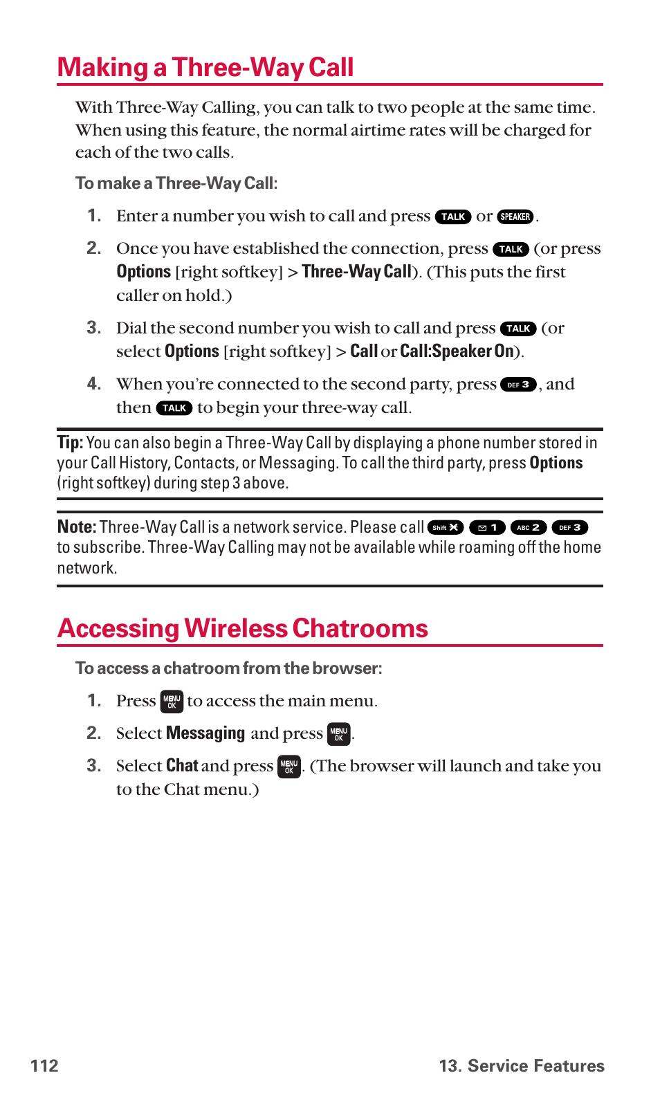 Making a three-way call, Accessing wireless chatrooms | Sanyo SCP-6600 User Manual | Page 118 / 133