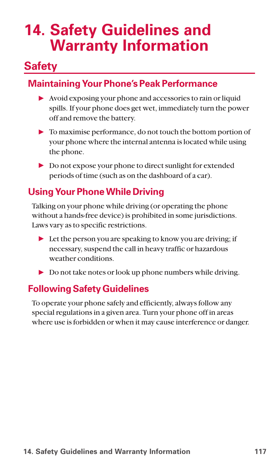 Safety guidelines and warranty information, Safety, Maintaining your phone’s peak performance | Using your phone while driving, Following safety guidelines | Sanyo SCP-6600 User Manual | Page 123 / 133