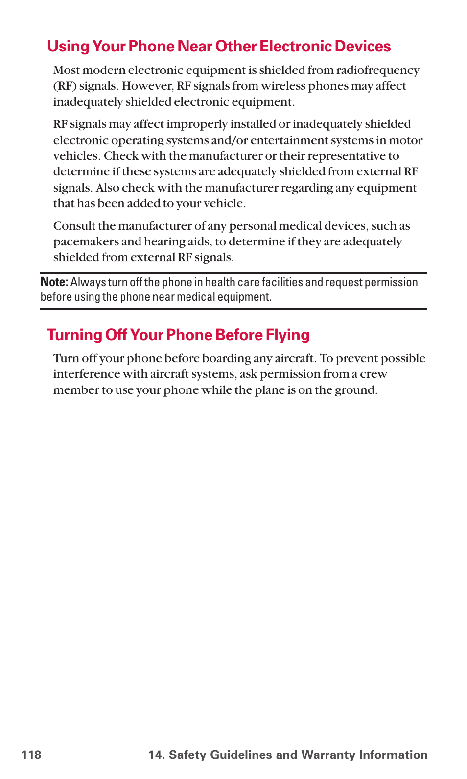 Using your phone near other electronic devices, Turning off your phone before flying | Sanyo SCP-6600 User Manual | Page 124 / 133