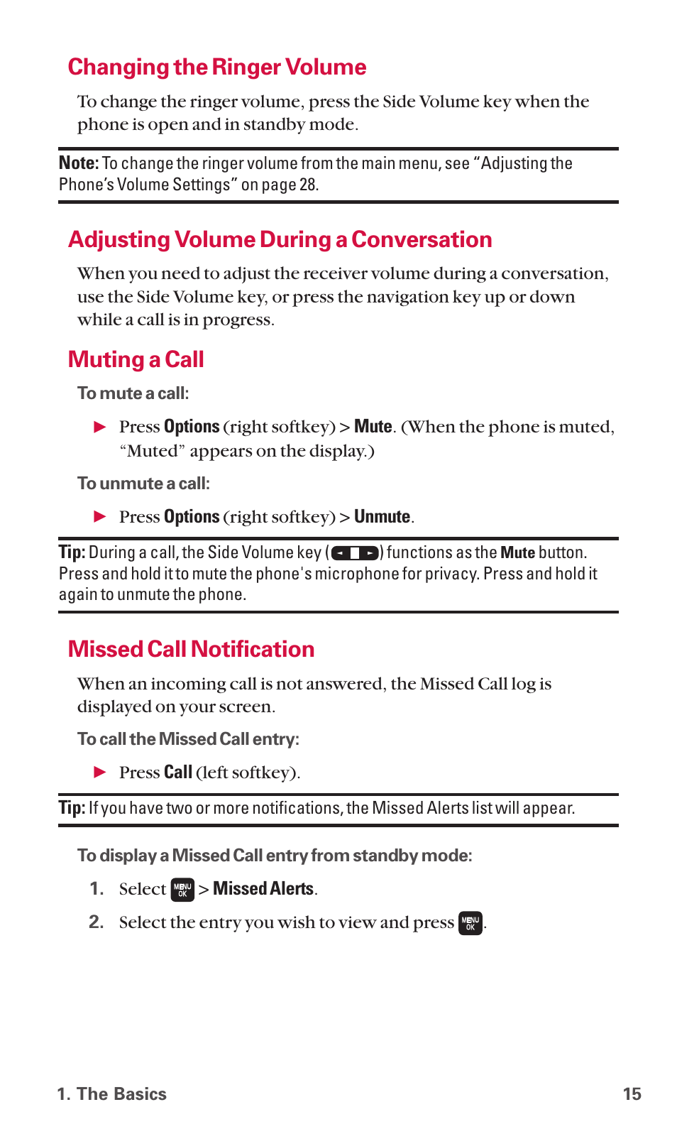 Changing the ringer volume, Adjusting volume during a conversation, Muting a call | Missed call notification | Sanyo SCP-6600 User Manual | Page 21 / 133